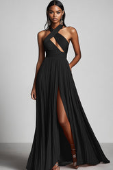 Schwarzes A-Linien-Plissee-Kleid mit Schlitz